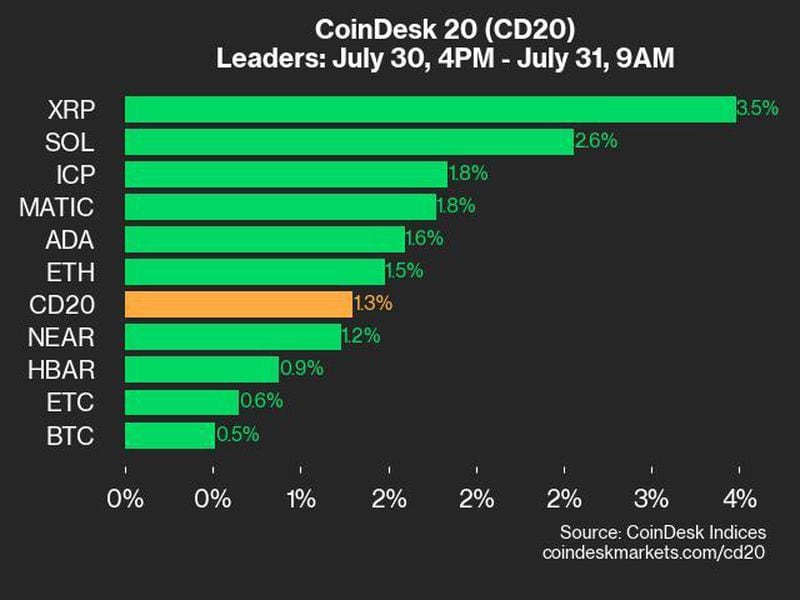 Coindesk-20-performance-update:-xrp-and-sol-outperform-as-index-climbs-1.3%