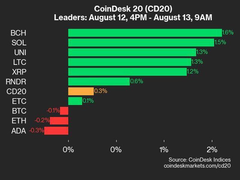 Coindesk-20-performance-update:-bch-and-sol-gains-lead-as-index-inches-up-0.3%